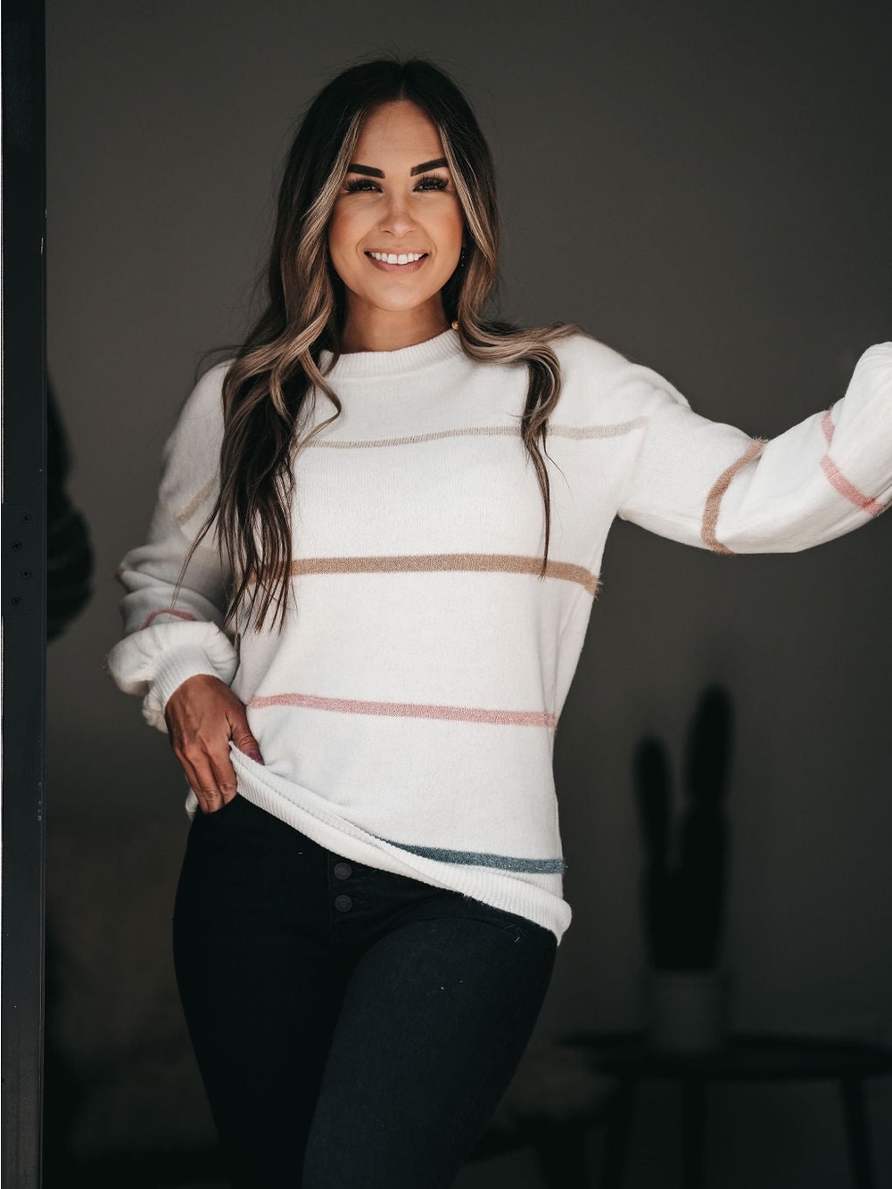 ANDREE BY UNIT Cream Crewneck Sweater with Subtle Stripes
